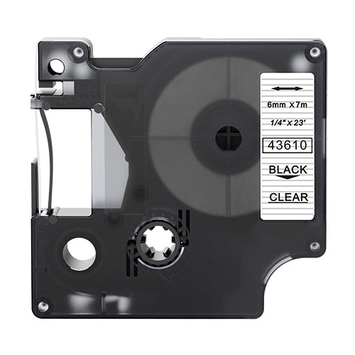 Dymo 43610 compatible labeltape, black on transparent, 6mm x 7m