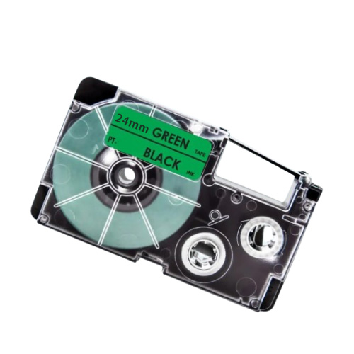 Casio XR-24GN compatible labeltape, black on green, 24mm x 8m