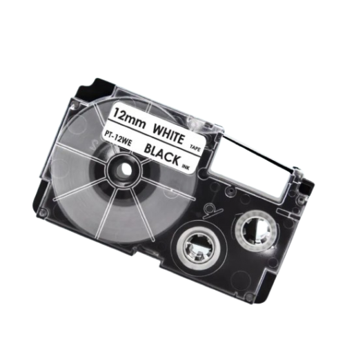 Casio XR-12WE compatible labeltape, black on white, 12mm x 8m
