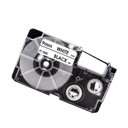 Casio XR-9WE compatible labeltape, black on white, 9mm x 8m